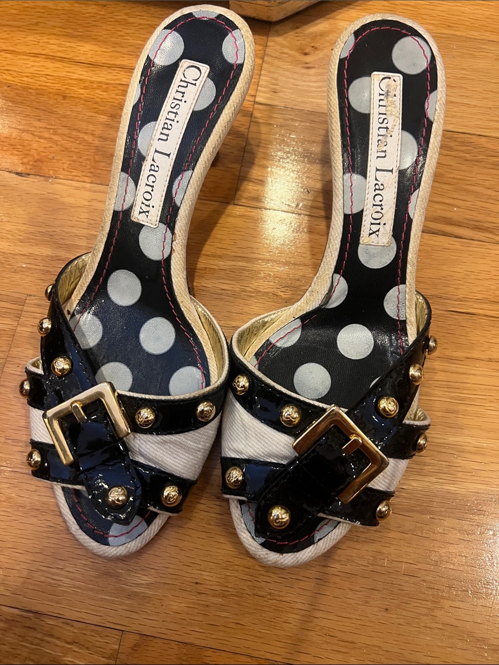 Christian Lacroix Black Patent & White Polka Dot Buckle Slide